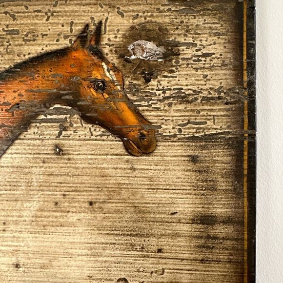 Vintage wall plaque / wooden board frame painting of horse by B. d’Arte F. Conz - Picture 4 of 6